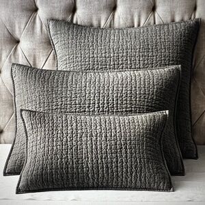 Vintage Washed Hand Quilted Belgian Flax Linen Coverlet Standard Pillow Sham